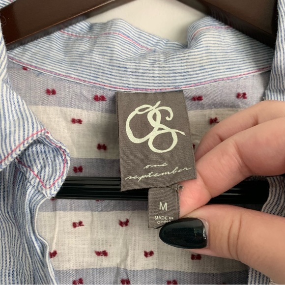 Anthropologie One September Medium Patchwork Buttondown Cotton Blue Blouse - Picture 4 of 4